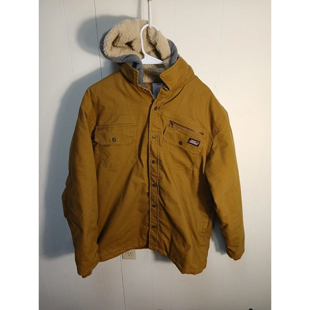 Dickies Jacket Mens Large Brown Canvas Quilted Lined Hooded Workwear Full Zip - Picture 1 of 8